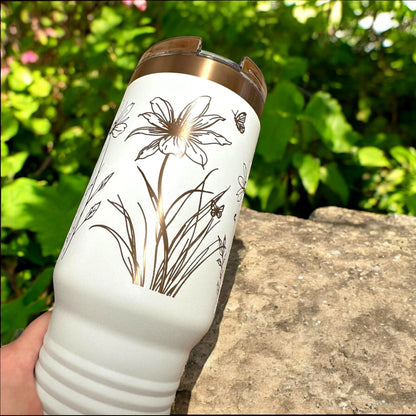 Personalized Wild Floral 40 oz Tumbler | Rose Gold Engraved with Handle