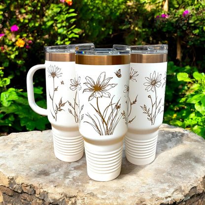 Wild Floral 40 Oz Tumbler with Handle Rose Gold Laser Engraved