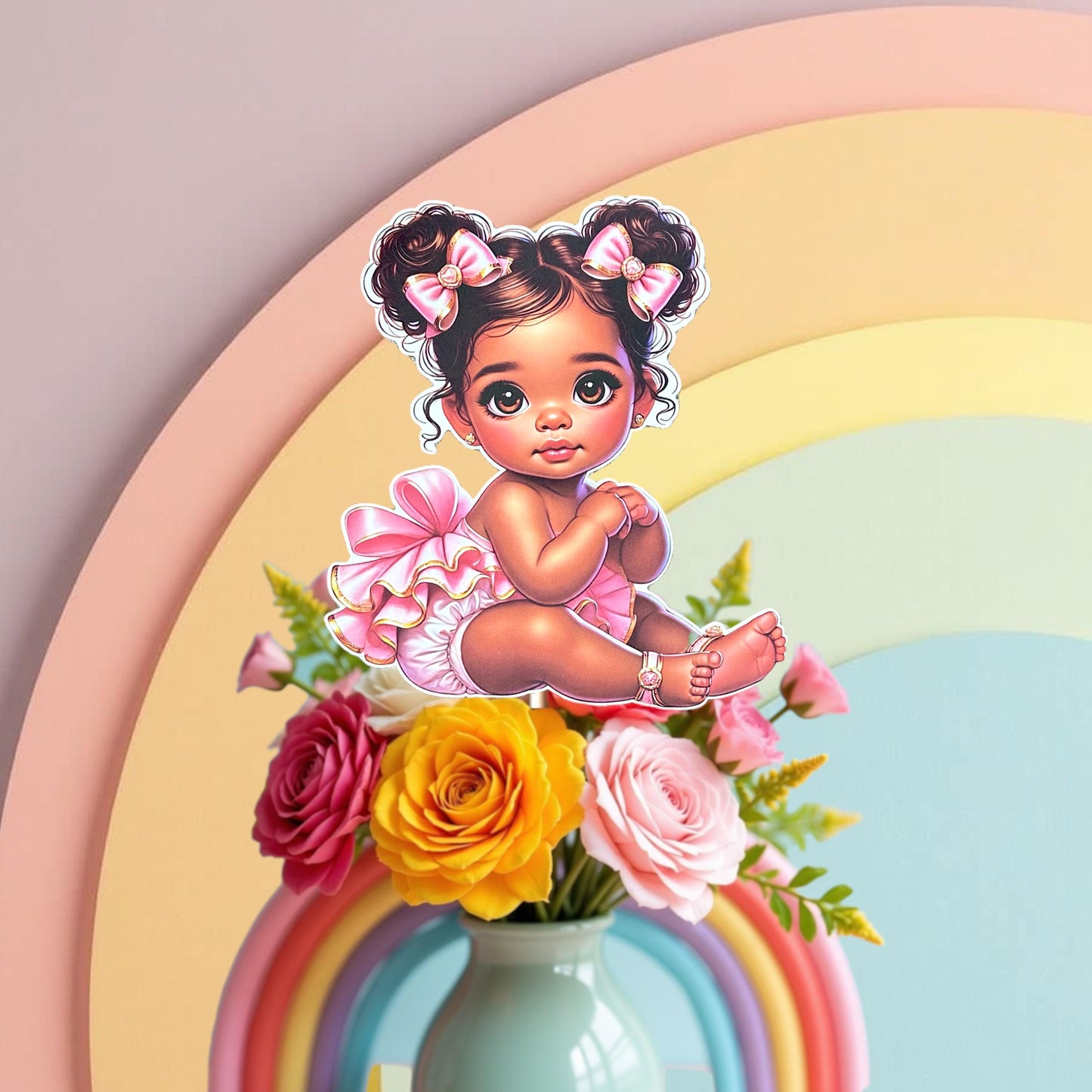 Pink Baby Sitting Girl Centerpiece Cutouts, African American Cake Topper Girl, 1st Birthday Decorations