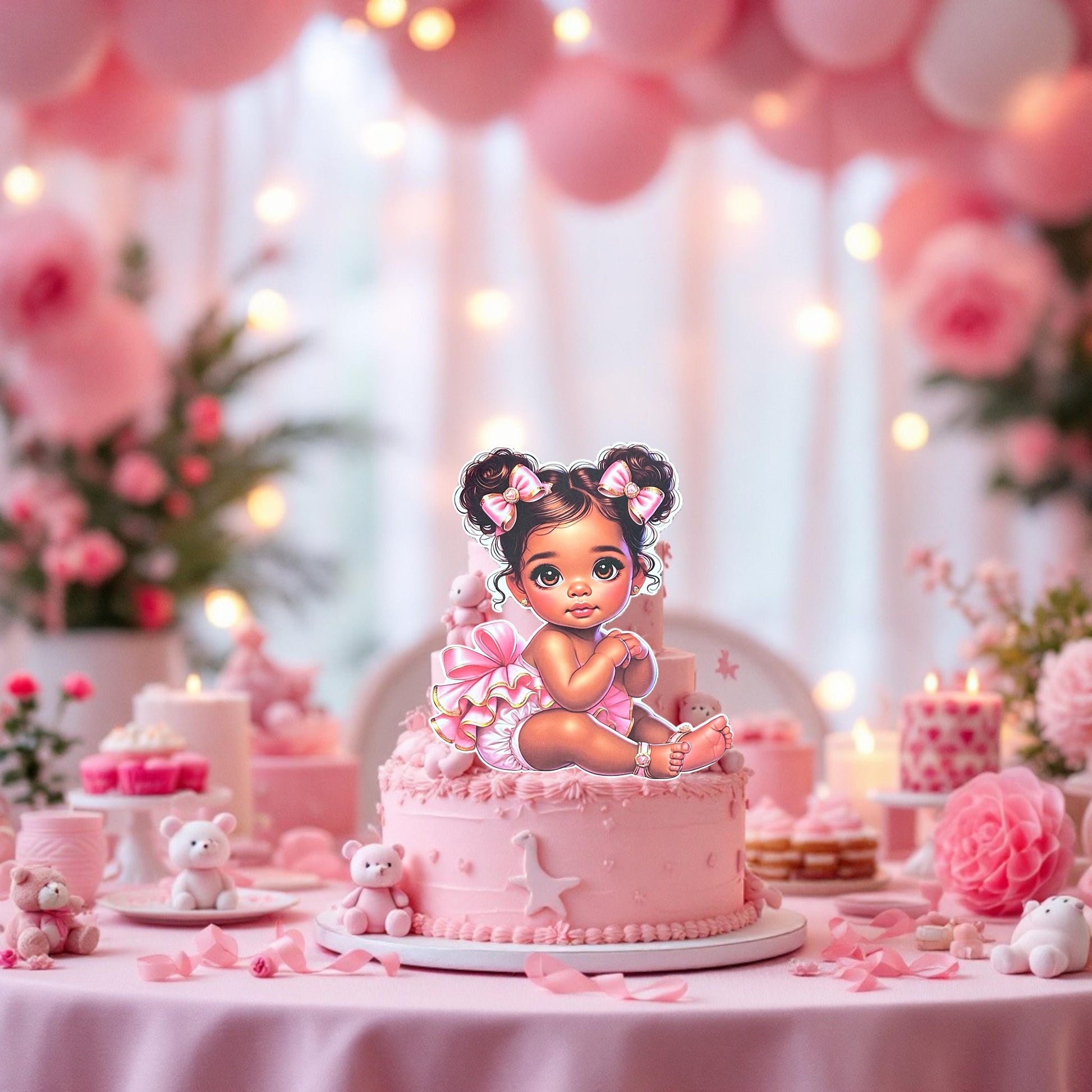 Pink Baby Sitting Girl Centerpiece Cutouts, African American Cake Topper Girl, 1st Birthday Decorations