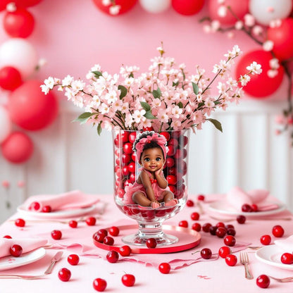 Cherry baby girl centerpiece on a glass vase with cherries, baby shower table decor