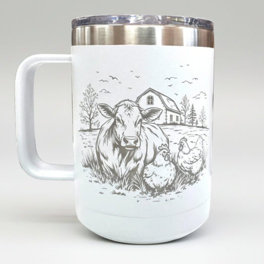 15 oz Personalized Farm Coffee Mug – Farmhouse Cup with Handle – Custom Laser Engraved Cow Farmhouse Logo with Name
