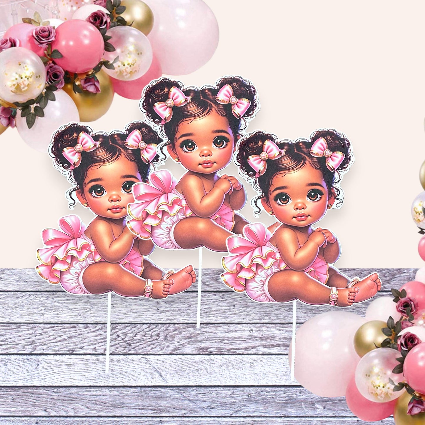 Pink Baby Sitting Girl Centerpiece Cutouts, African American Cake Topper Girl, 1st Birthday Decorations