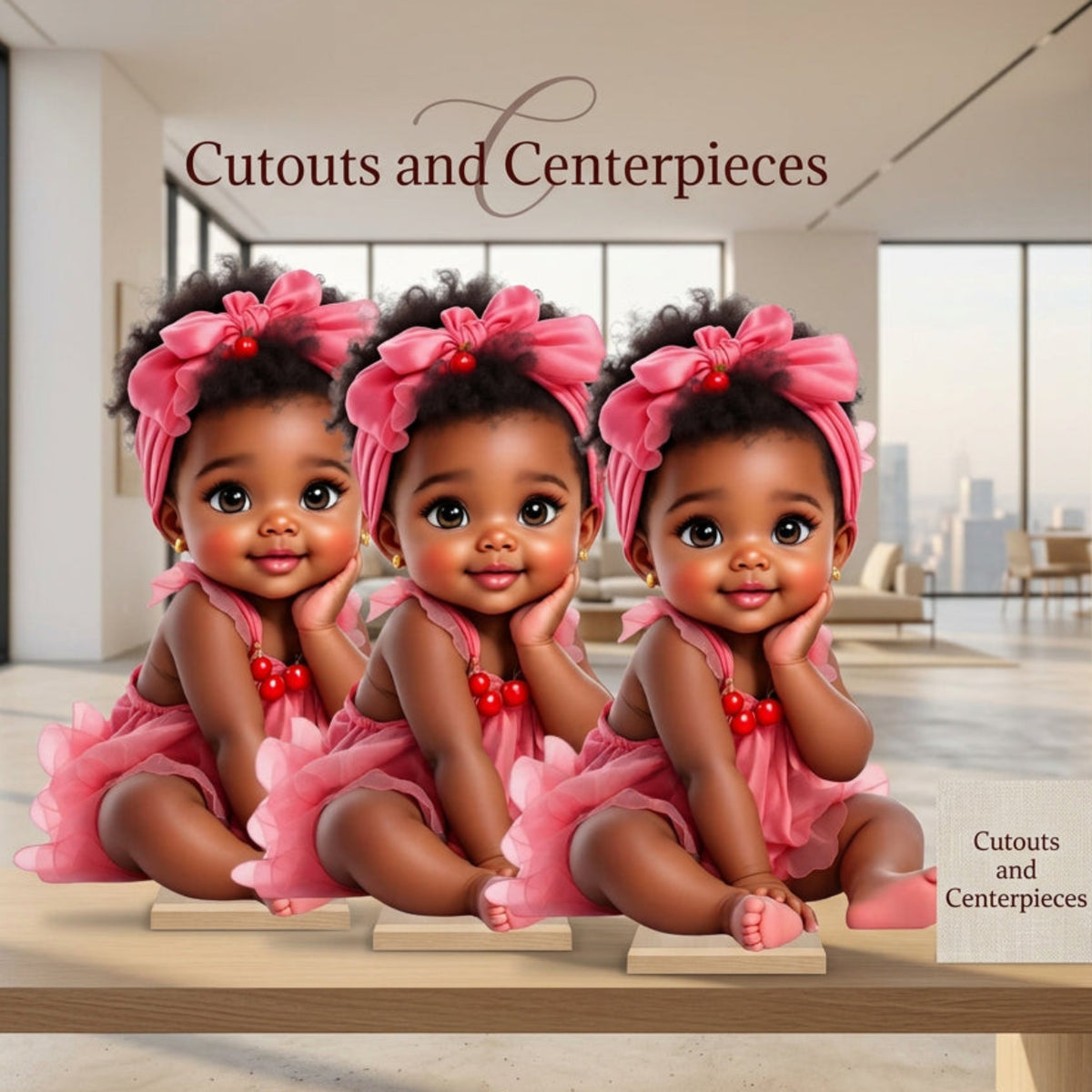 Three cherry baby girl centerpieces in pink dresses with big pink bows, 1st birthday table decor