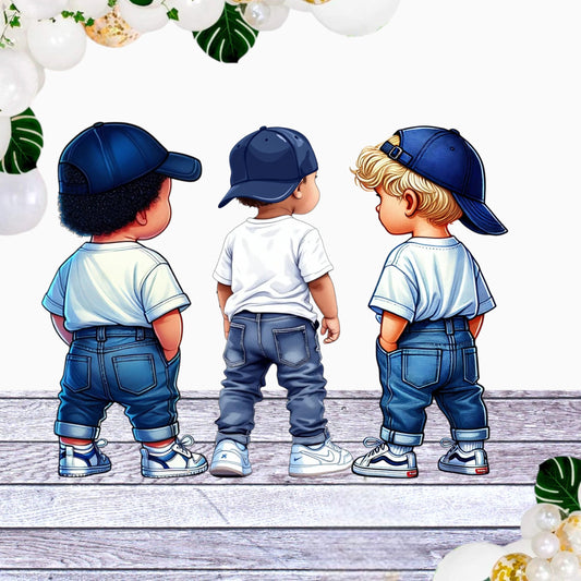 Centerpieces cutouts baby boy in denim jeans, white t-shirts, and navy blue caps, standing with backs turned. Perfect for baby shower decorations, first birthday party supplies, and boy-themed printable centerpieces.