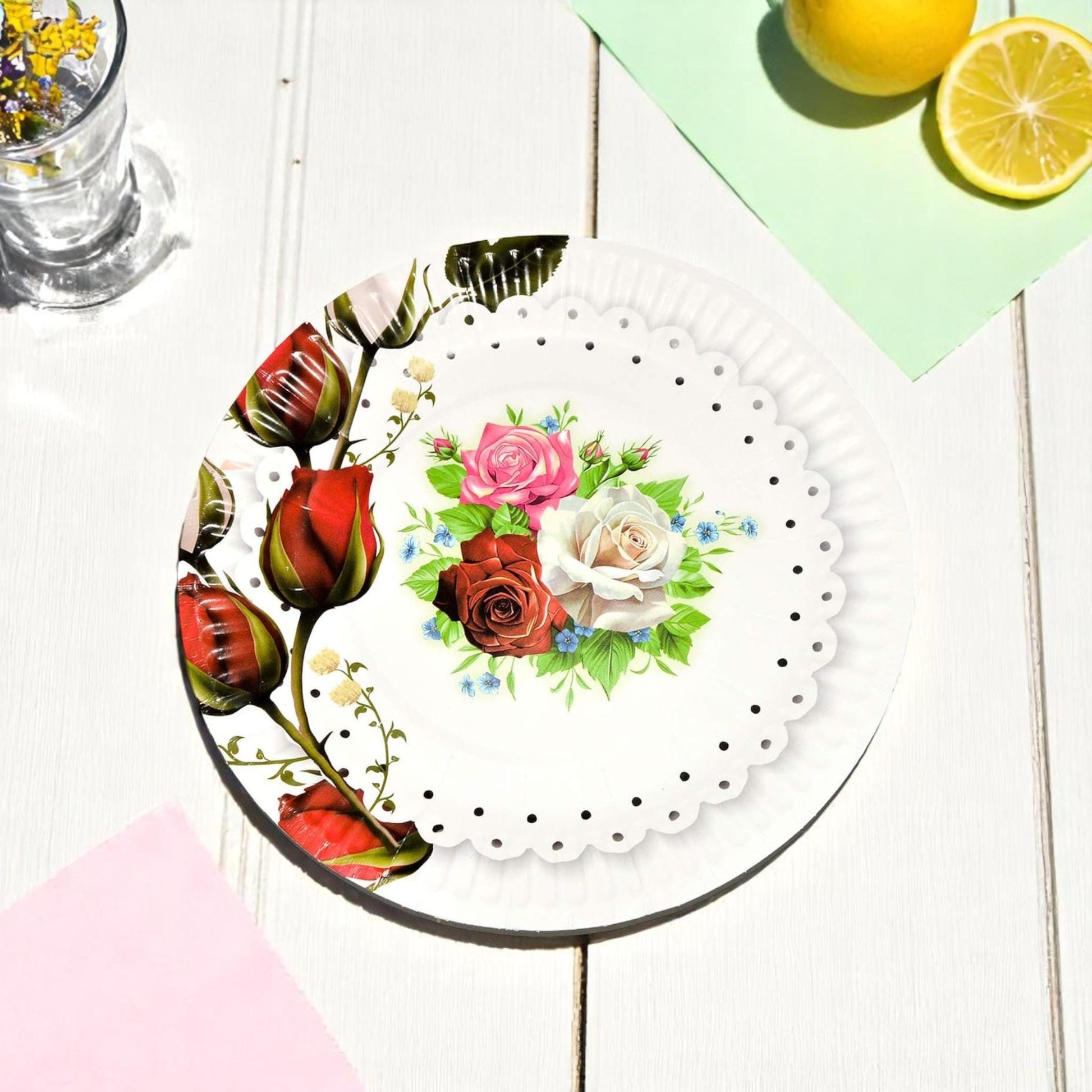 Elegant rose garden paper dessert plates with a vintage floral design, 7-inch size, perfect for parties.