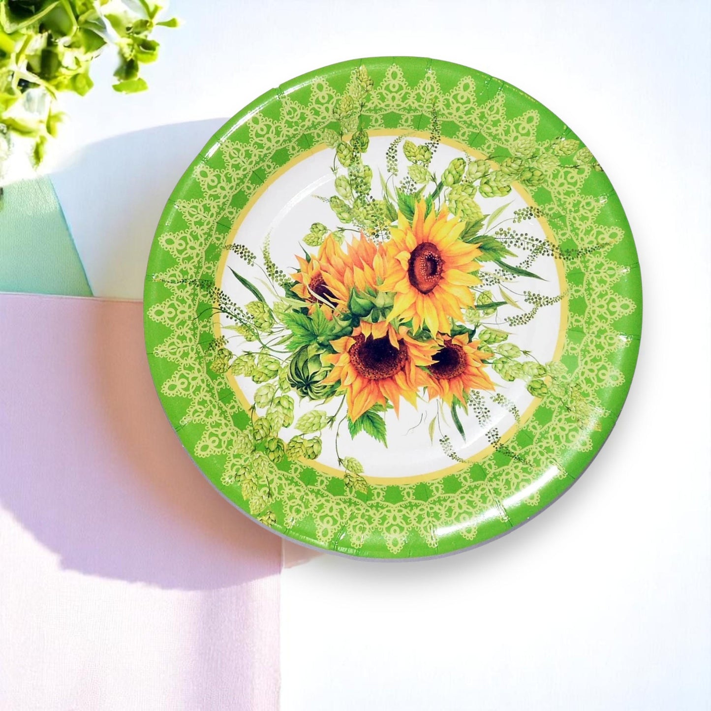 Bundle of 40 sunflower paper plates, showcasing the full pack ready for a rustic-themed event.