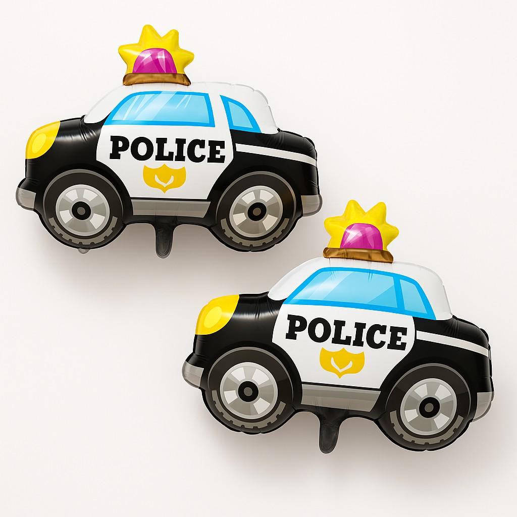 Close-up of the detailed sirens and wheels on a 27.5-inch foil police car balloon.