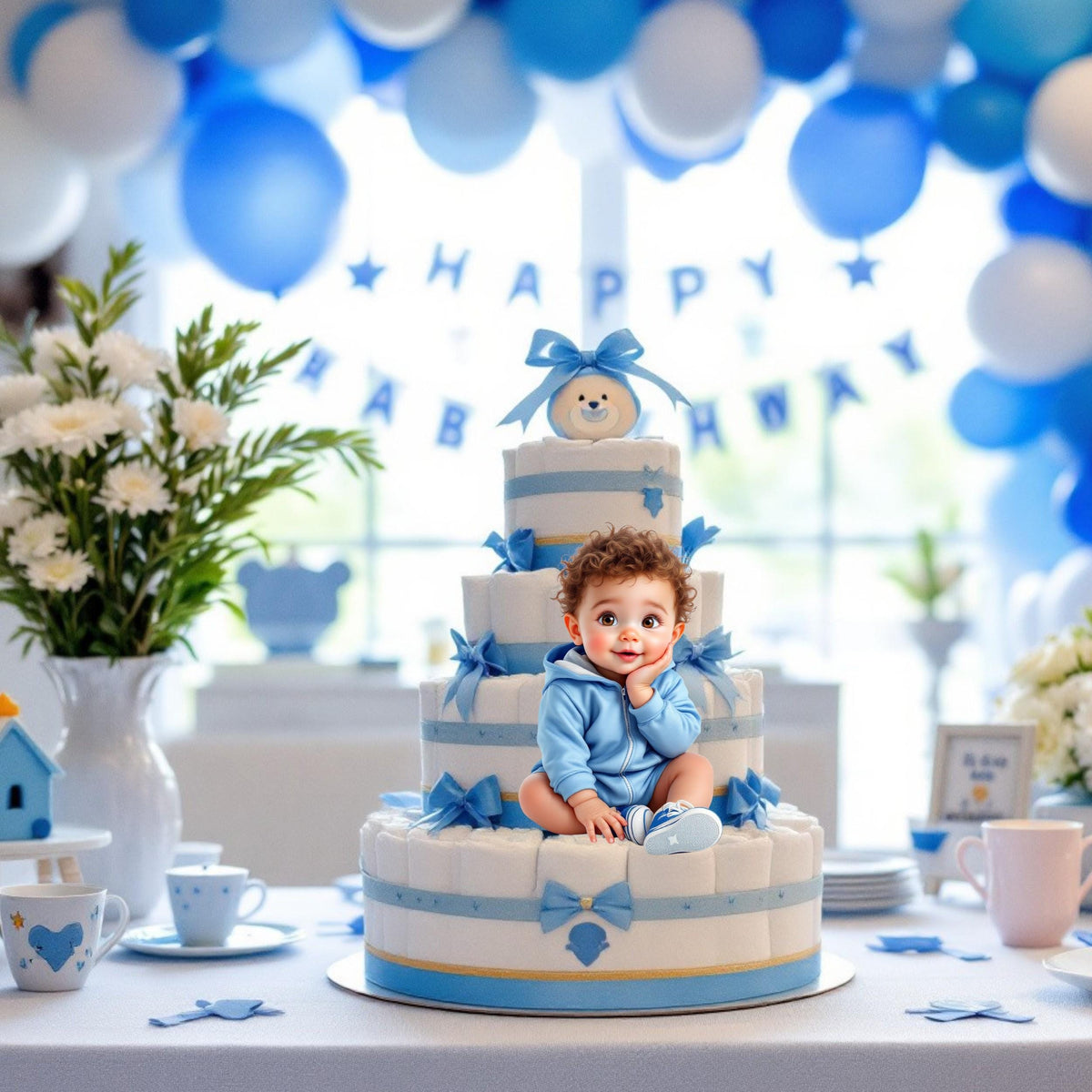Blue hoodie baby boy centerpiece design for guest tables and dessert displays
