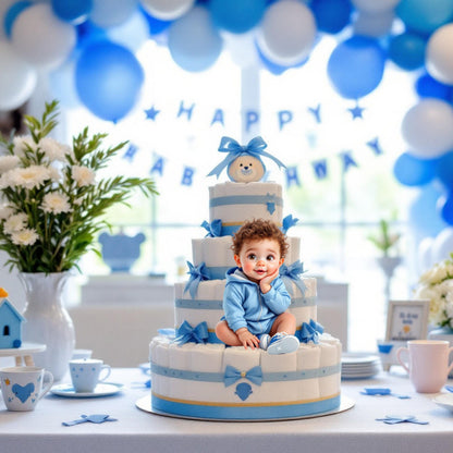 Blue hoodie baby boy centerpiece design for guest tables and dessert displays