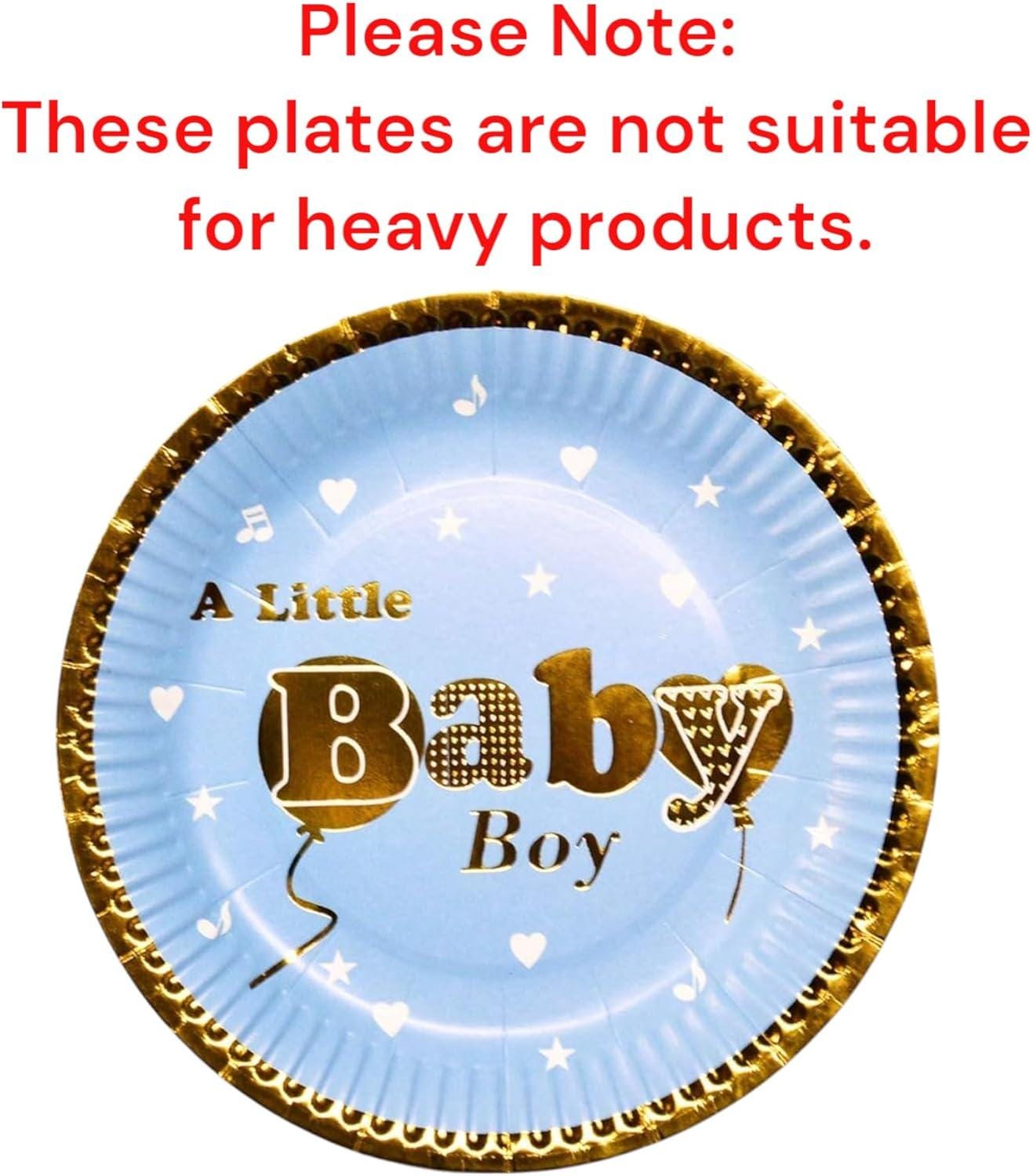 Close-up of a blue gold foil baby shower plate, featuring a delicate pattern on a party table.