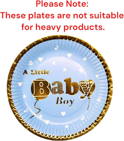 Close-up of a blue gold foil baby shower plate, featuring a delicate pattern on a party table.