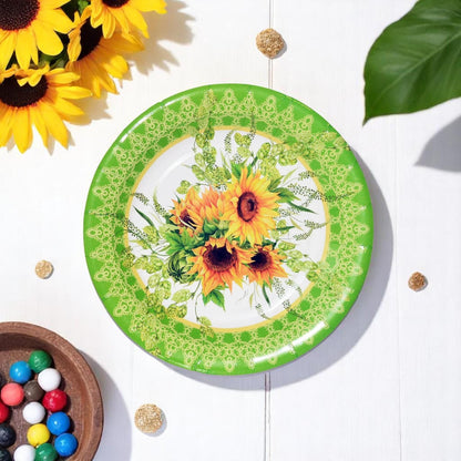 Detail shot of the sunflower pattern on a paper plate, capturing the rustic charm and vibrant yellow.