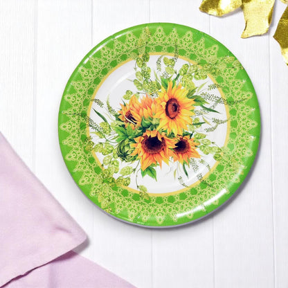 Single sunflower paper plate displayed on a light background, emphasizing its design for desserts.
