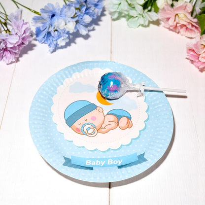A stack of 40 blue sleeping baby boy dessert plates with a gold star accent, ready for a baby shower.