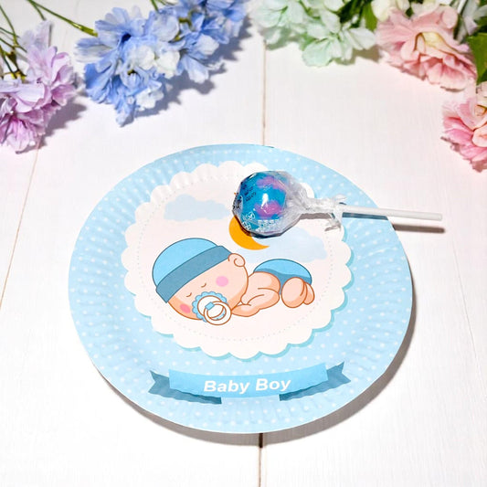A stack of 40 blue sleeping baby boy dessert plates with a gold star accent, ready for a baby shower.
