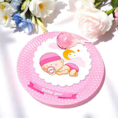 Stack of 40 round pink dessert plates with a sleeping baby girl design and delicate floral accents, for baby showers.