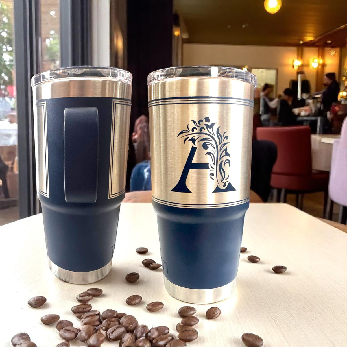 Monogrammed Custom 20 oz Tumbler with Handle and Laser Engraving