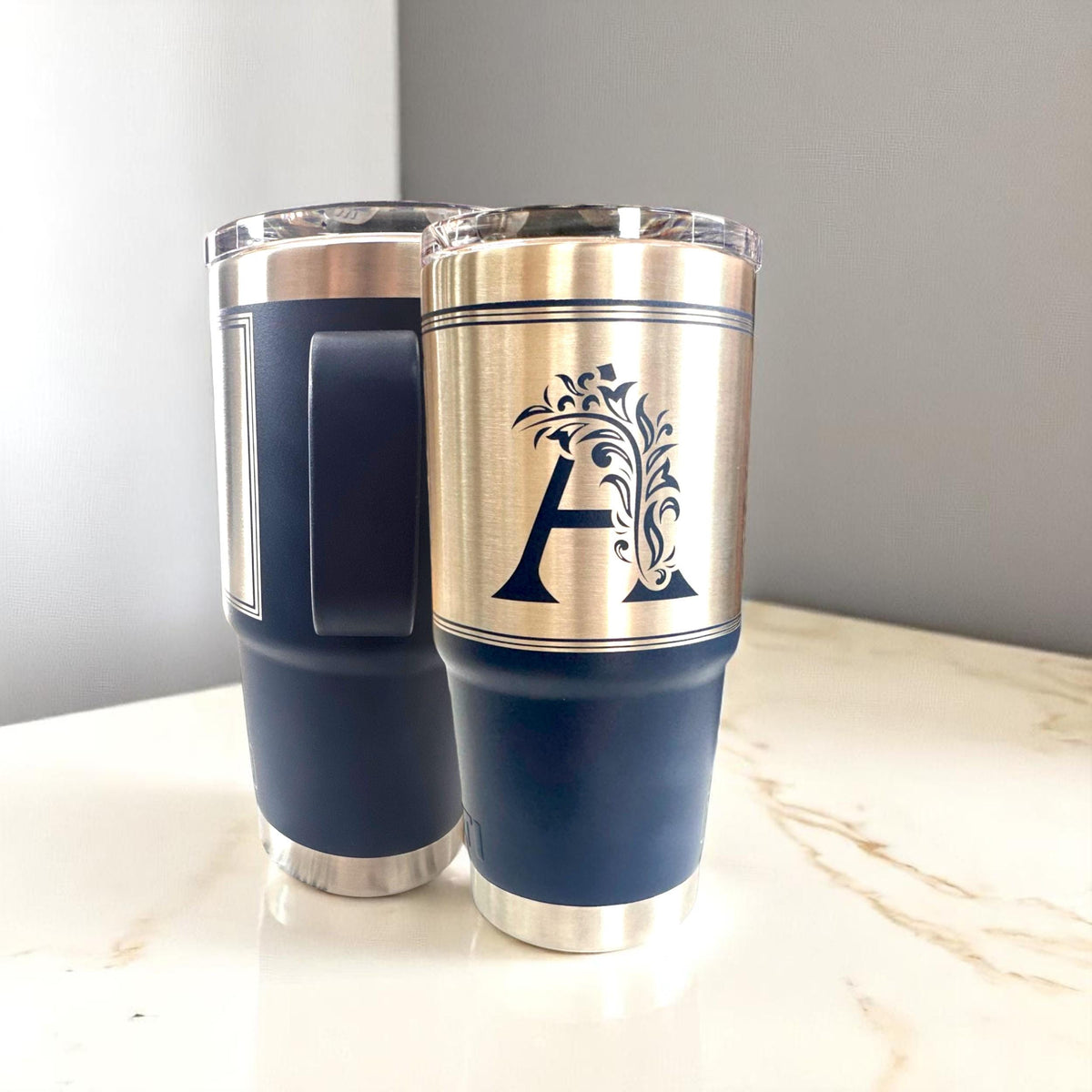 Monogrammed Custom 20 oz Tumbler with Handle and Laser Engraving