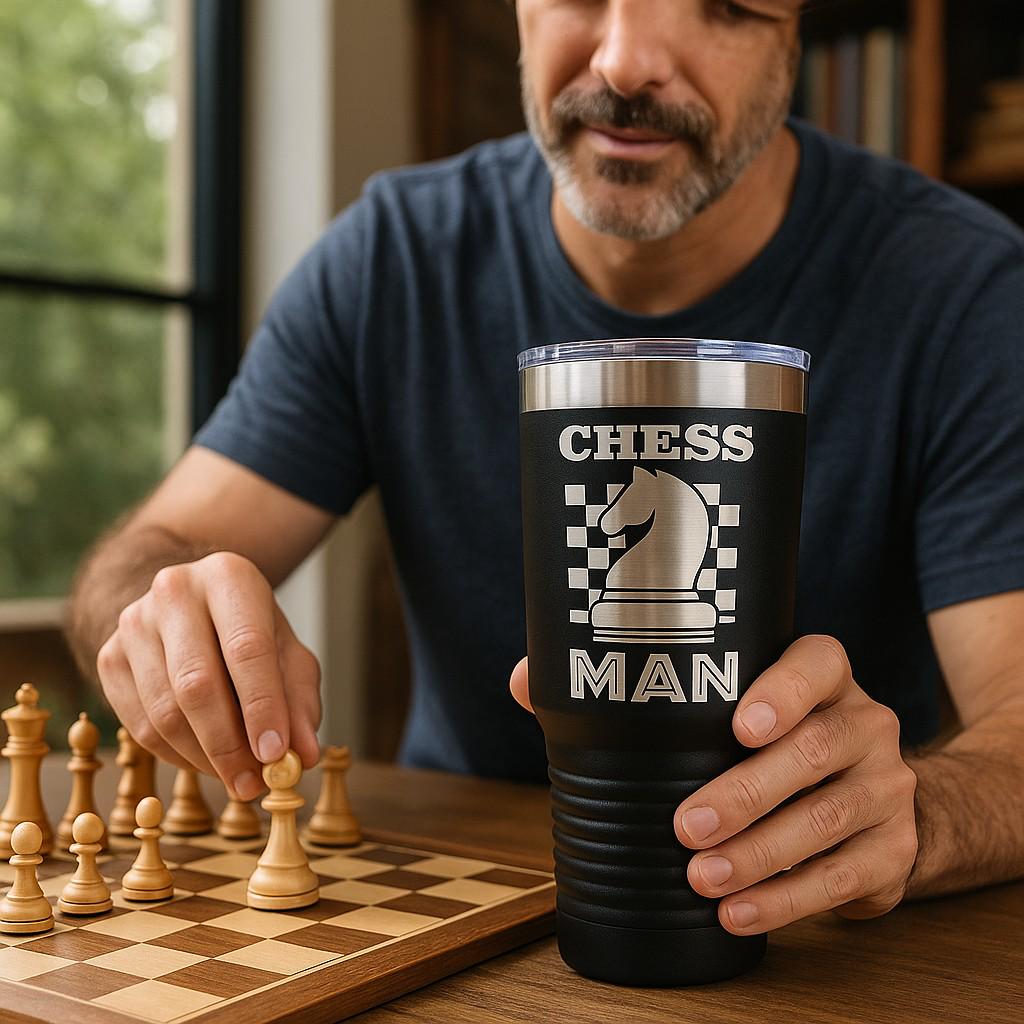 Angled view of a 30 oz stainless steel chess tumbler, highlighting the laser engraved chess pieces and its large capacity.