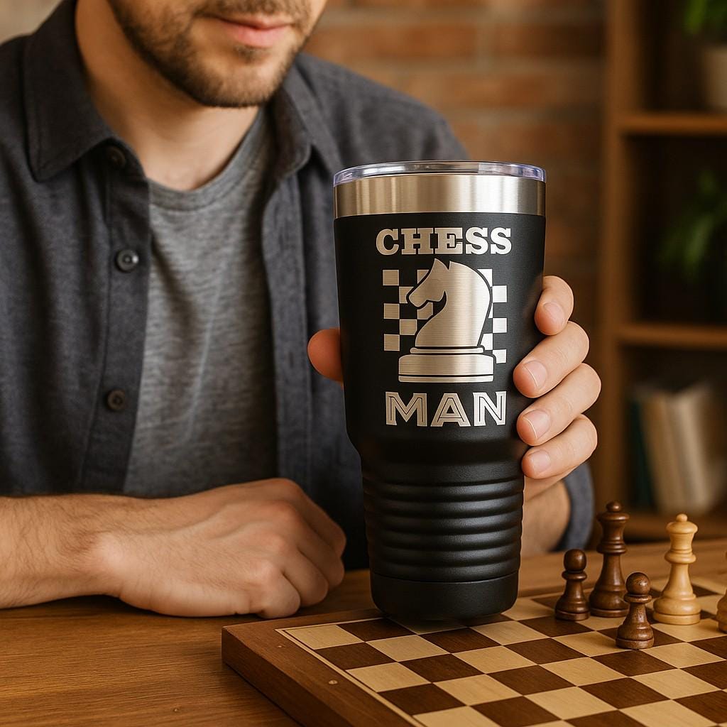 Top-down view of the 30 oz laser engraved chess tumbler, focusing on the lid and opening for drinks.