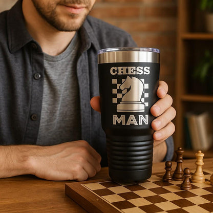 Top-down view of the 30 oz laser engraved chess tumbler, focusing on the lid and opening for drinks.