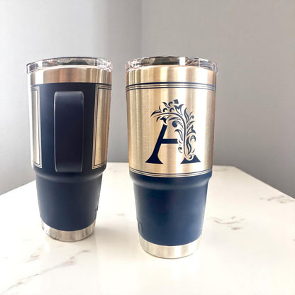 Monogrammed Custom 20 oz Tumbler with Handle and Laser Engraving