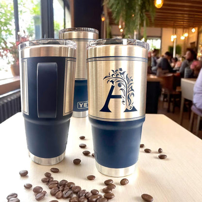 Monogrammed Custom 20 oz Tumbler with Handle and Laser Engraving