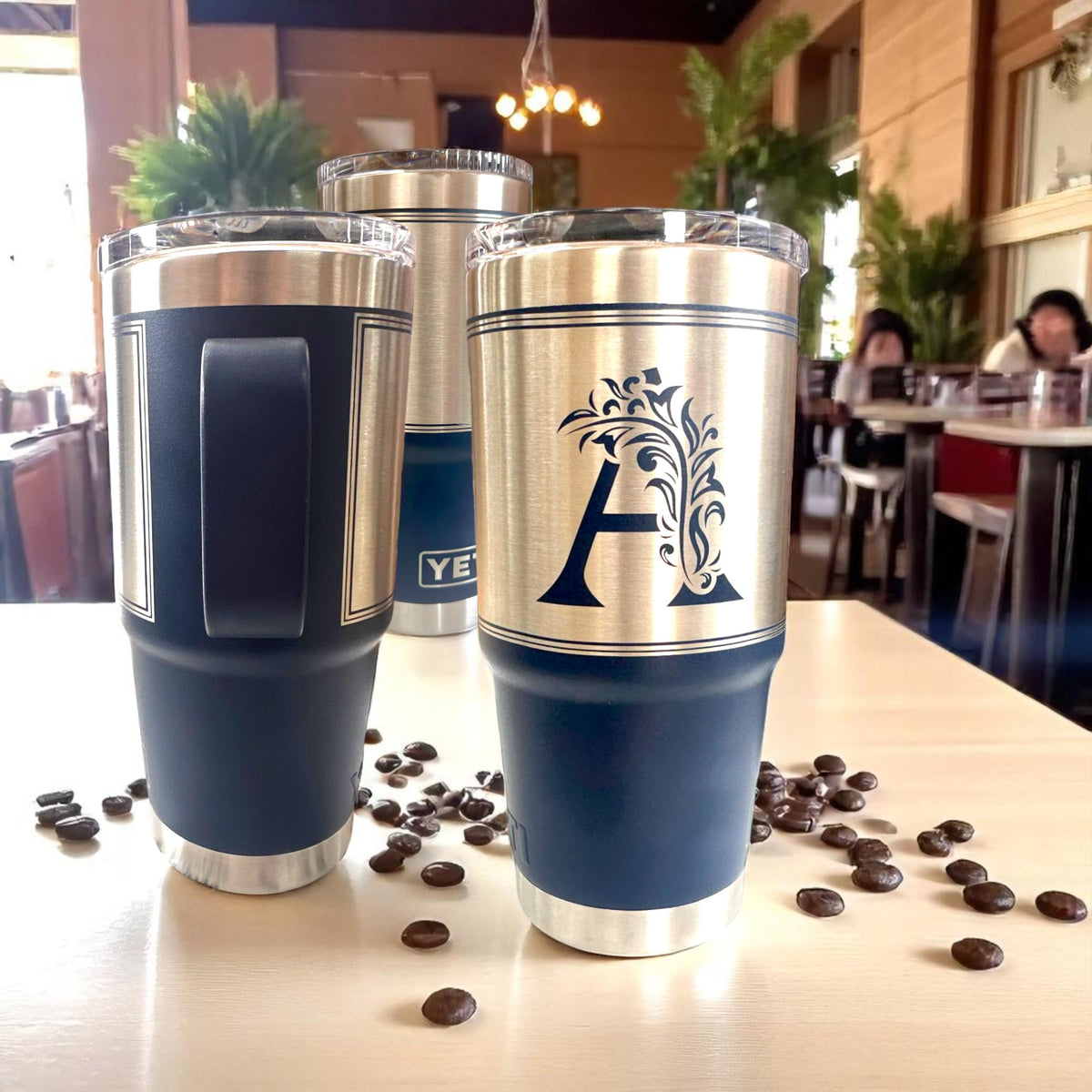 Monogrammed Custom 20 oz Tumbler with Handle and Laser Engraving