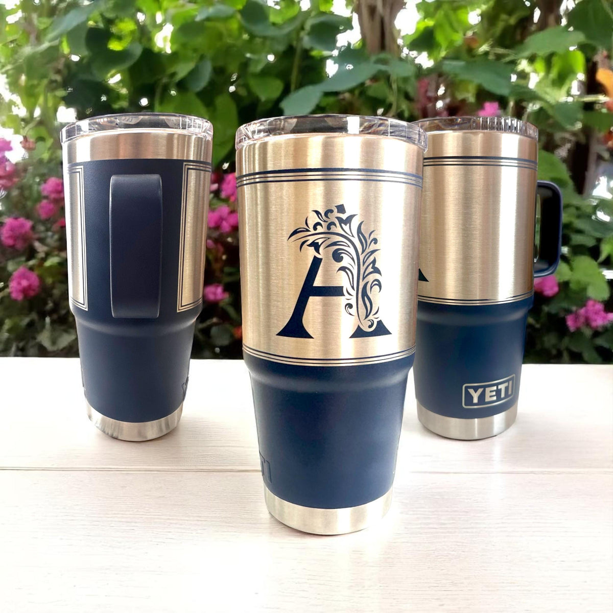 Monogrammed Custom 20 oz Tumbler with Handle and Laser Engraving