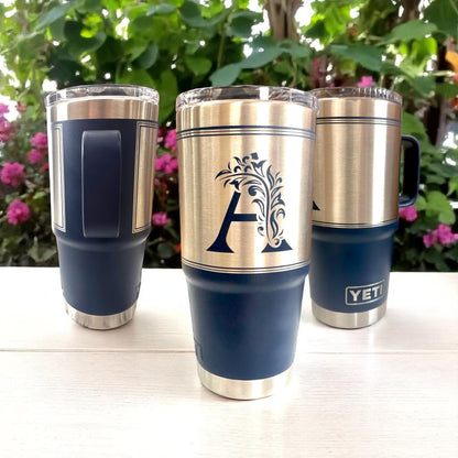 Monogrammed Custom 20 oz Tumbler with Handle and Laser Engraving