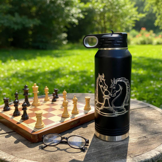 Black chess water bottle beside a chessboard and eyeglasses on a sunny outdoor table.