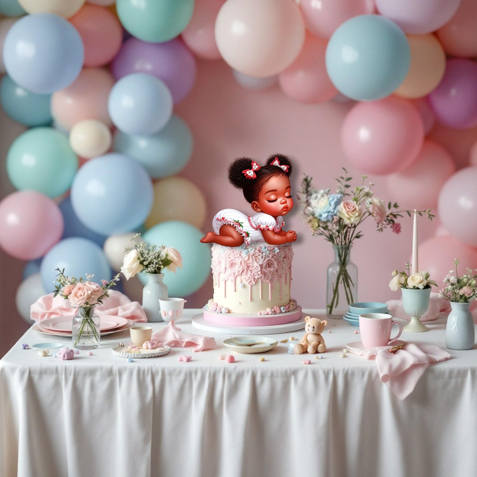 Strawberry Baby Girl Cutouts: African American, Sweet Fruit Theme Party Decorations