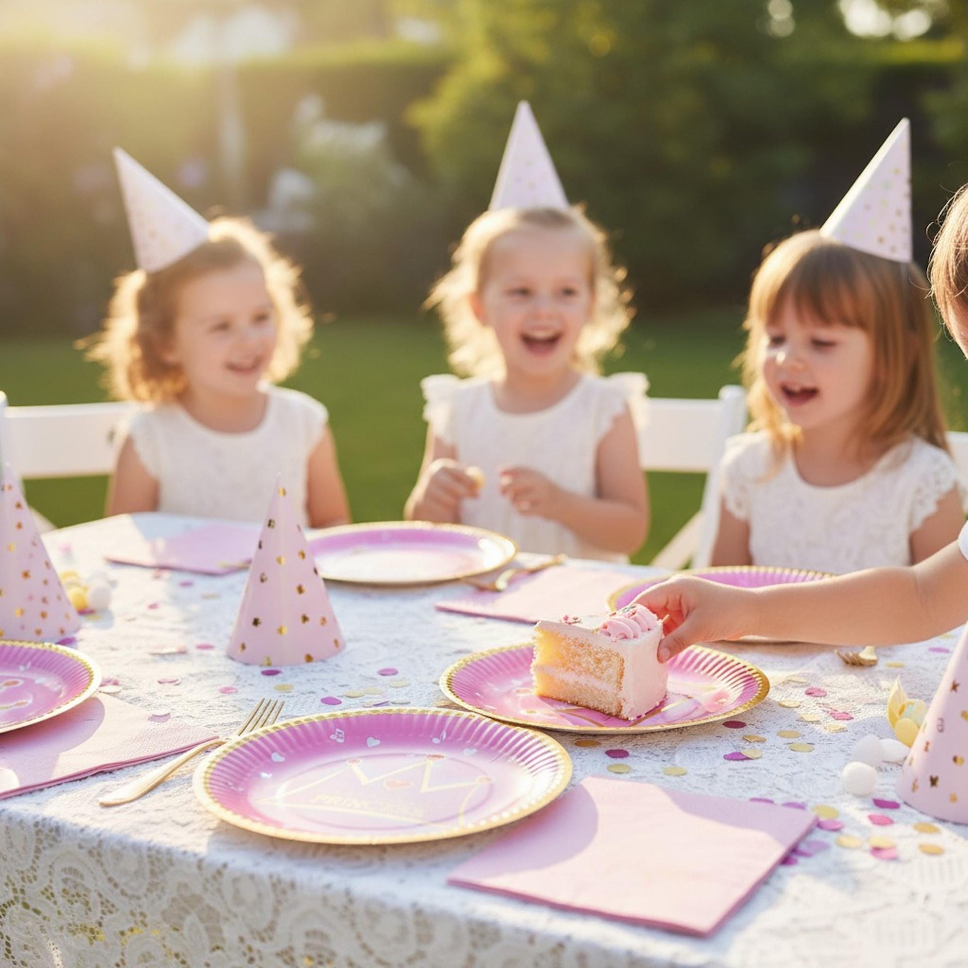 Collection of pink princess dessert plates fanned out, highlighting the crown and heart motifs.