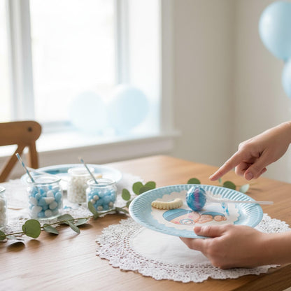 Close-up of a single blue sleeping baby boy dessert plate, featuring a sweet baby dreamily sleeping.