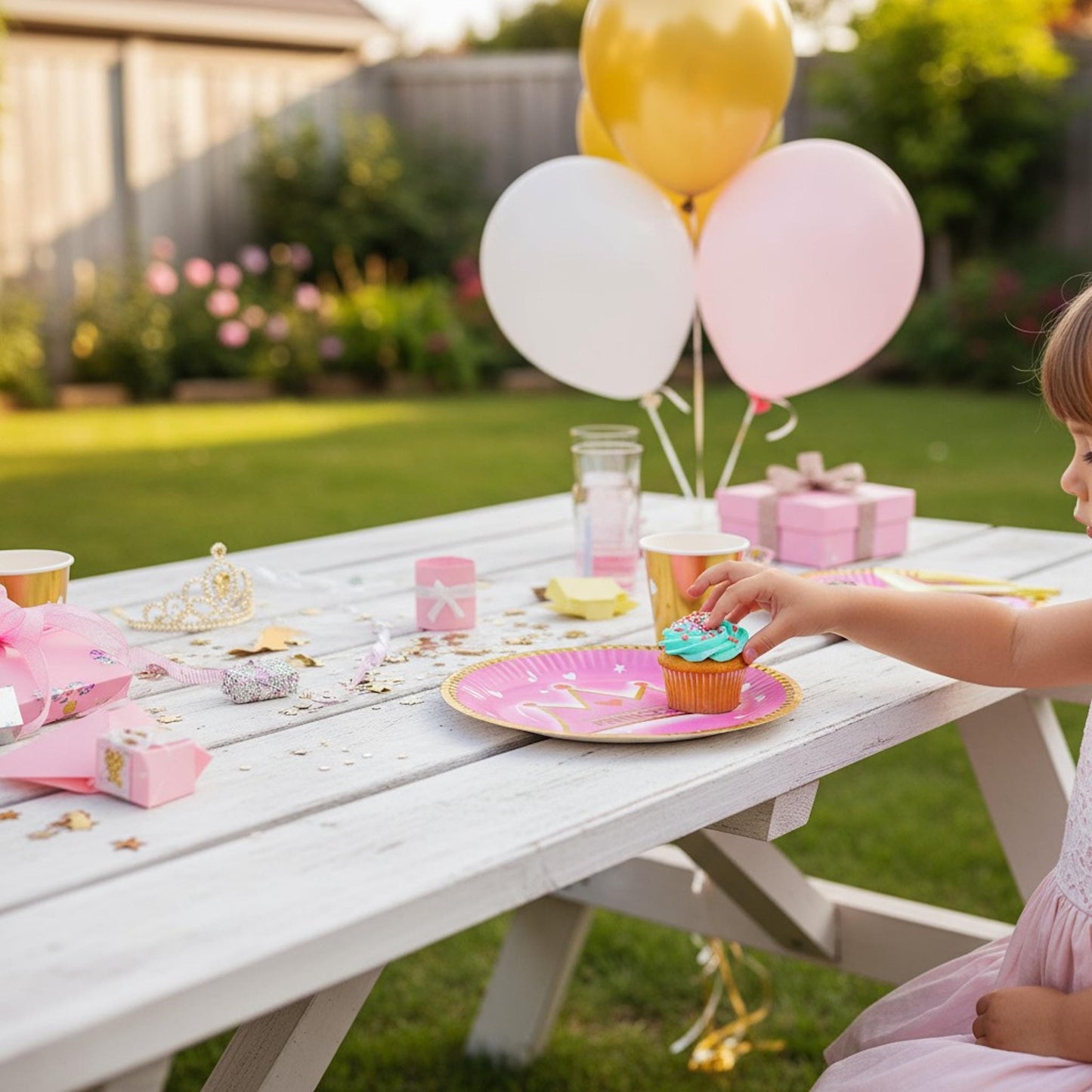 Overhead shot of two 7-inch princess party paper dessert plates, showing the full design and size.