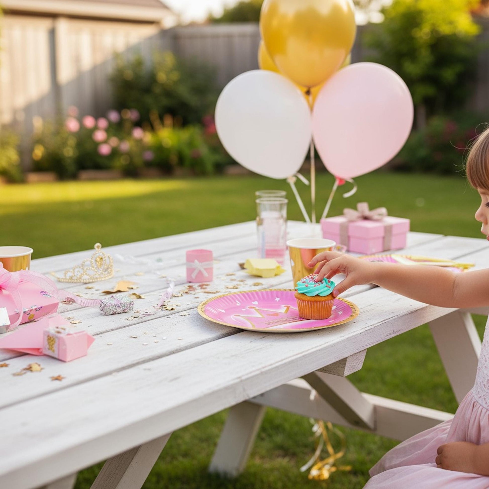 Overhead shot of two 7-inch princess party paper dessert plates, showing the full design and size.
