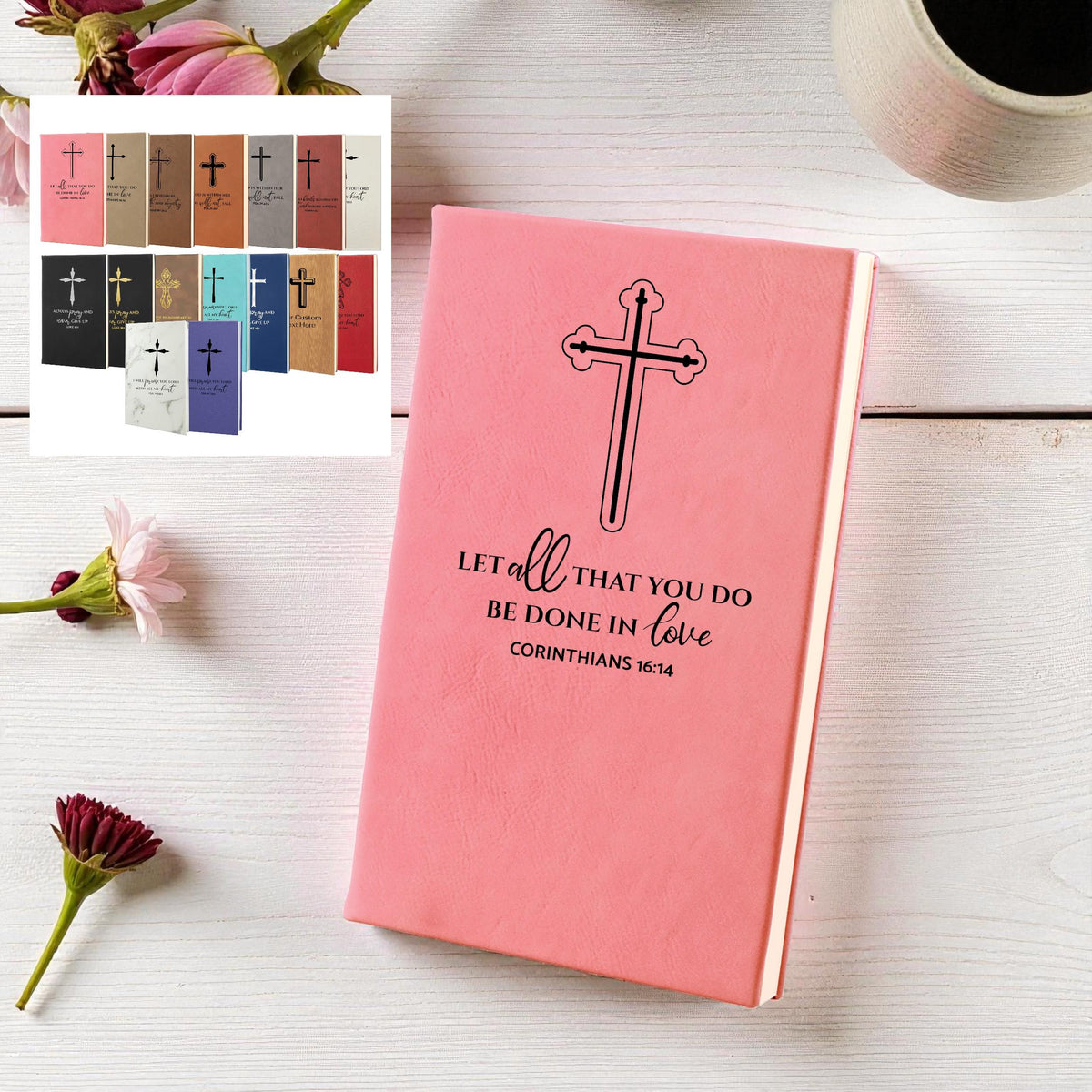 Personalized leatherette Bible journal shown with the available cover colors