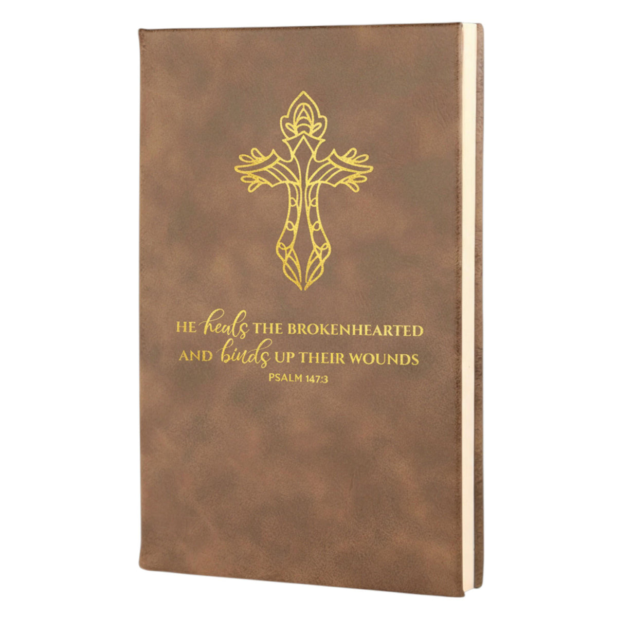 Rustic/Gold engraved Christian journal, Psalm 147:3 verse