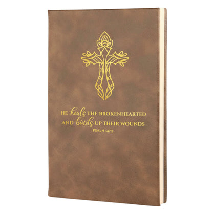 Rustic/Gold engraved Christian journal, Psalm 147:3 verse