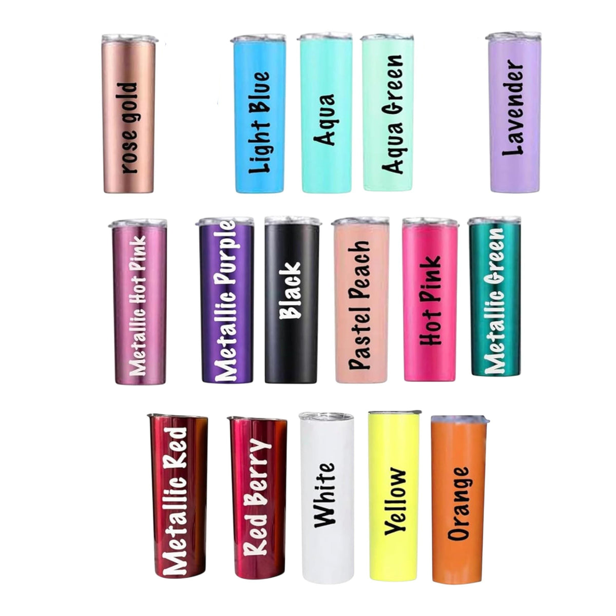 Color chart showing 17 powder-coated finish choices for a custom name tumbler with clear lid.
