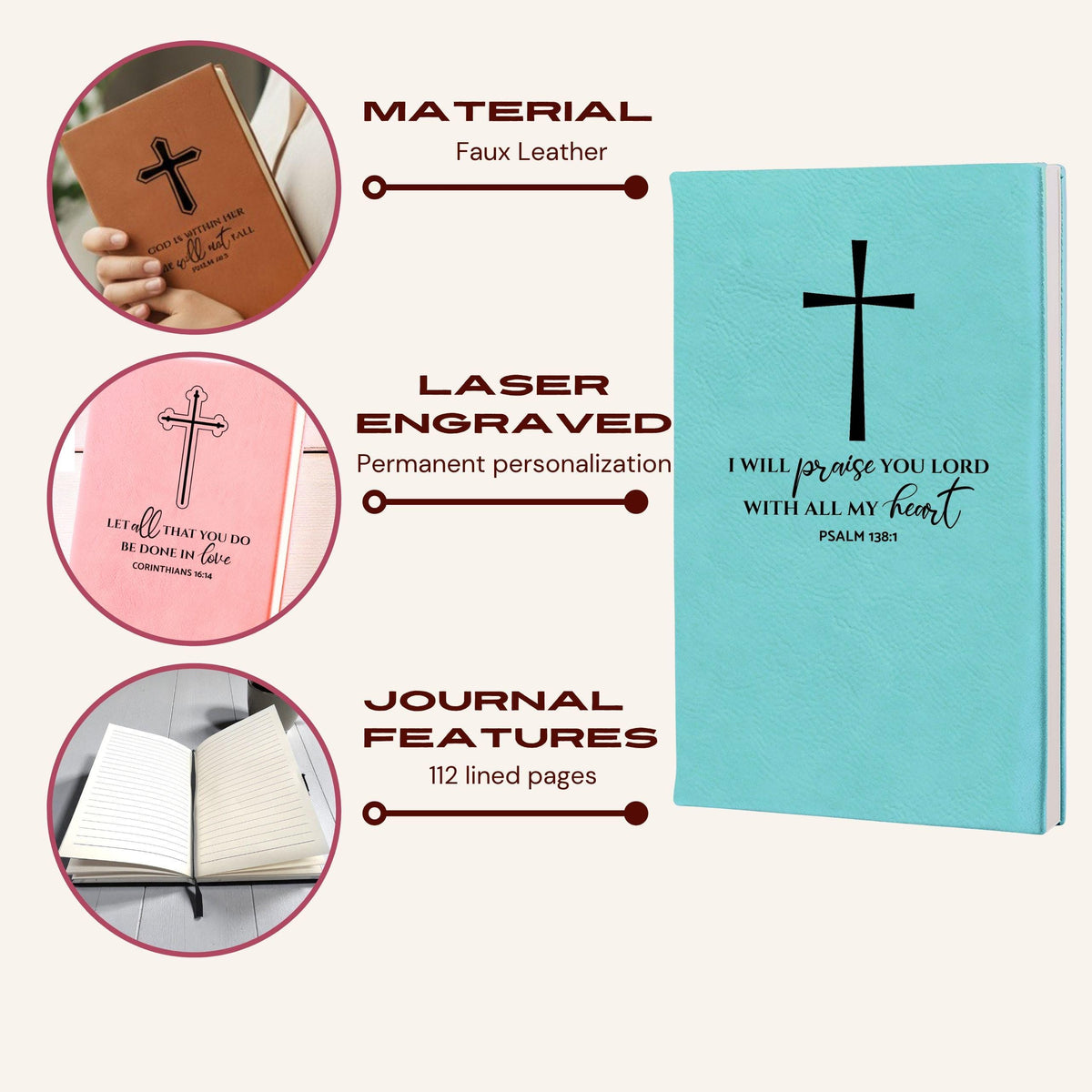 Leatherette Christian journal features: faux leather cover, laser engraving, lined pages