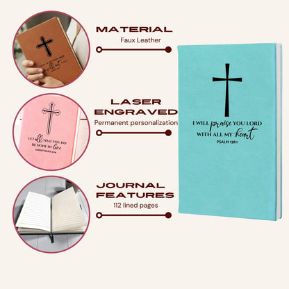 Leatherette Christian journal features: faux leather cover, laser engraving, lined pages