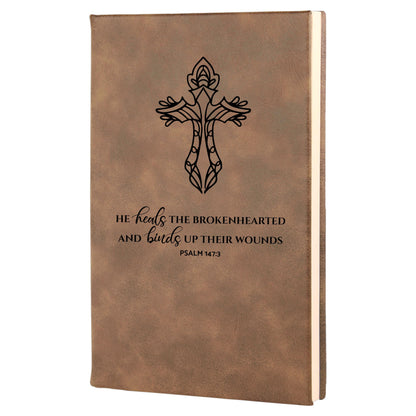 Rawhide engraved Christian journal, He heals the brokenhearted, Psalm 147:3