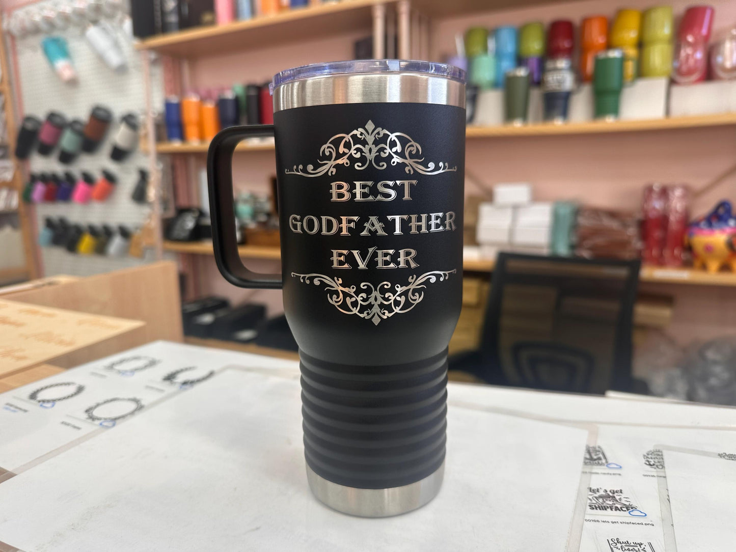 Personalized Godfather Tumbler Laser Engraved Travel Mug with Handle