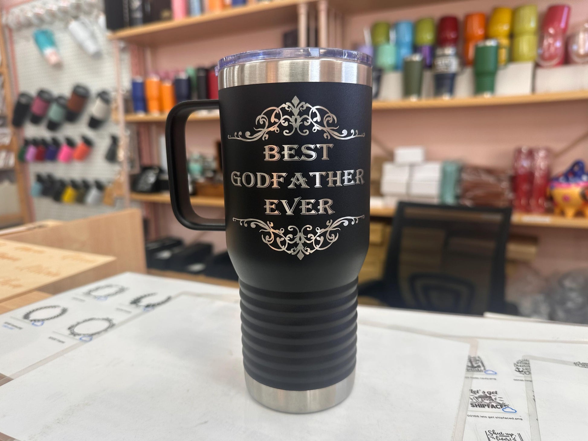 Personalized Godfather Tumbler Laser Engraved Travel Mug with Handle