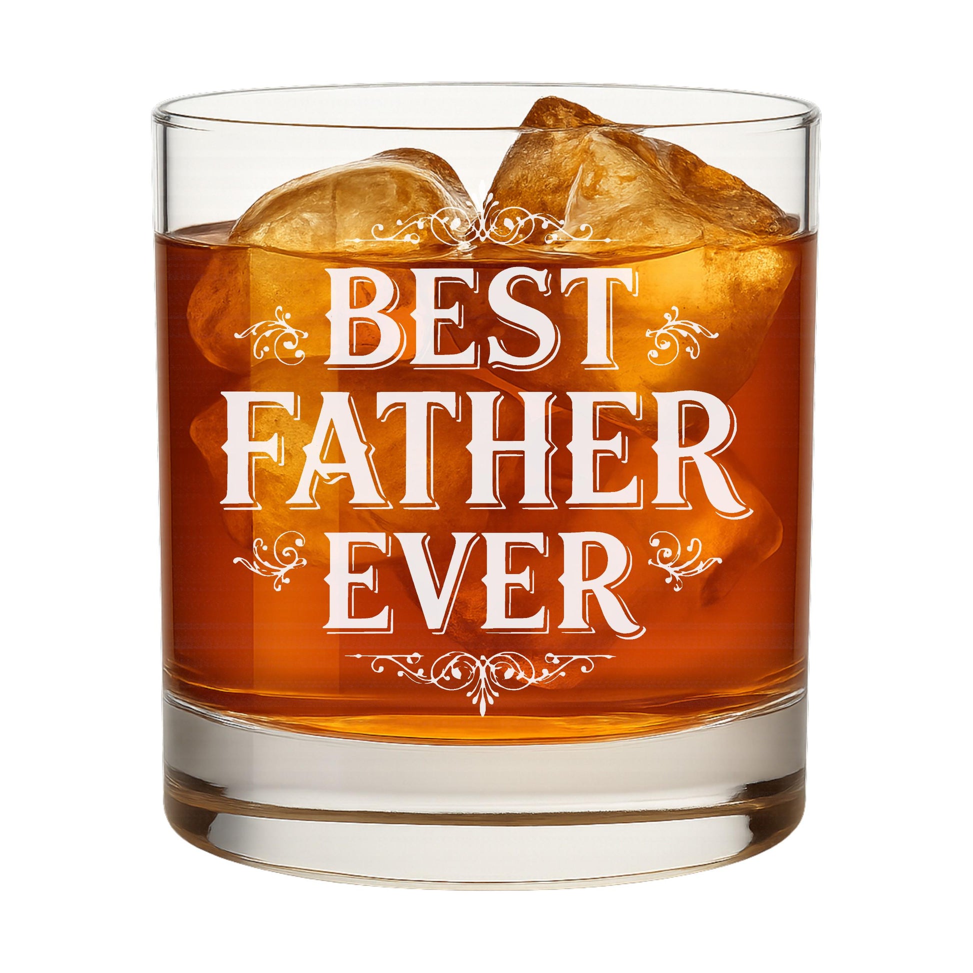 Whiskey glass with "Best Father Ever" engraving, shown with a bottle of bourbon in a home bar setting.