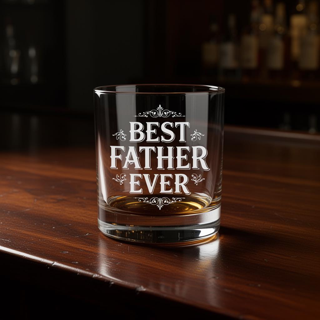 Set of "Best Father Ever" engraved bourbon rocks glasses on a dark background, ready for gifting.