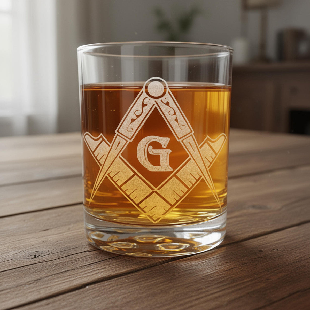 Collection of three laser engraved whiskey glasses with the Masonic symbol, ready for gifting.
