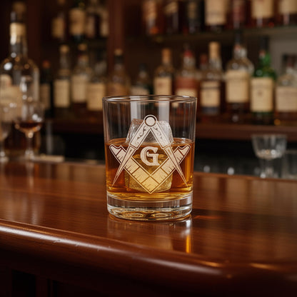 Single custom masonic glassware, heavy-bottomed, featuring the frosted Square and Compass emblem.